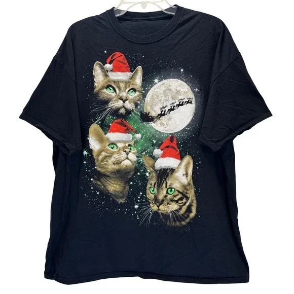 Cats Santa Moon Christmas Holiday Shirt XXL Party Black Tee Funny Elves Festive - Picture 2 of 4